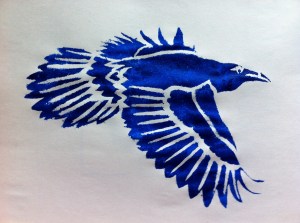 first I drew a flying raven from a photo, cut a stencil and tested it on newsprint